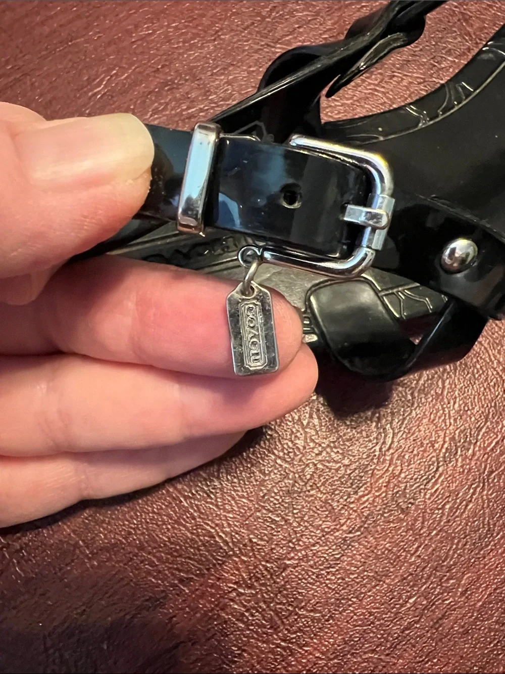 Coach Black Patent Leather T-Strap Sandals